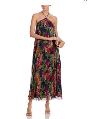 The White Lotus x Aqua Halter Floral Maxi Dress in Green, Navy & Red